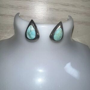 Vintage 925 Sterling Silver Turquoise Stone Teardrop Pear Shaped Post Earrings